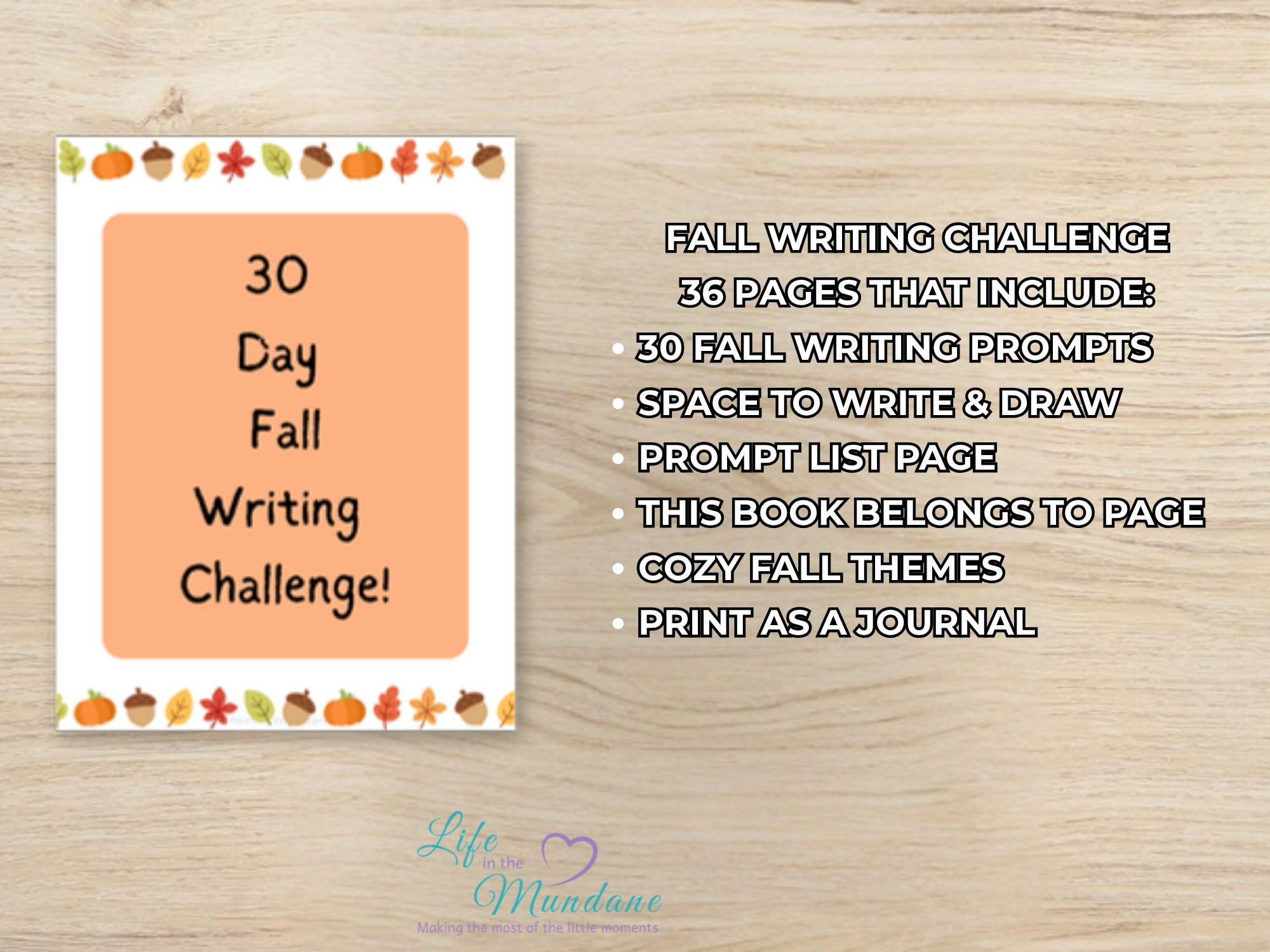 Fall Writing Challenge printable - what's included