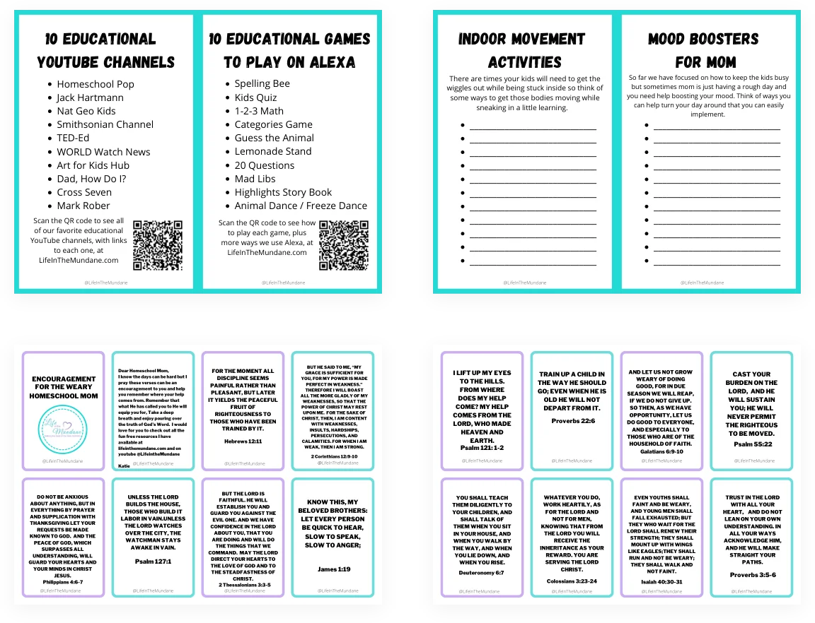 Sample pages: Alexa games and YouTube channels, indoor movement and mood boosters, and Scripture encouragement cards