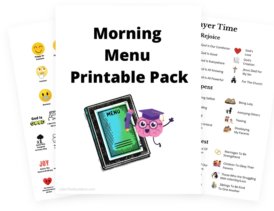 Pages from the Morning Menu Printable Pack, including the cover, Truth Chart and prayer page