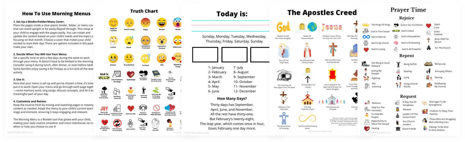 Inside the pack: how to use it, the Truth Chart, the calendar page, the Apostles’ Creed and the prayer page