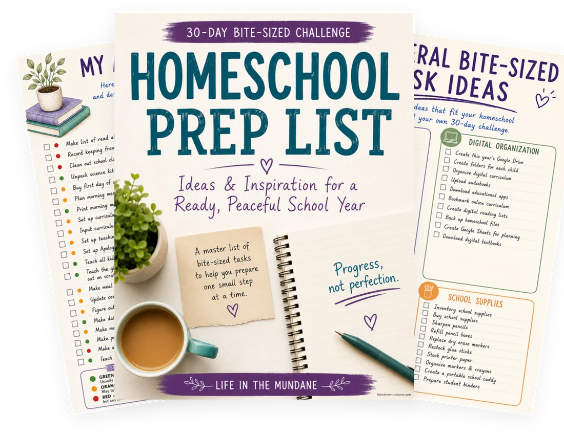 Pages from the 30-Day Bite-Sized Challenge homeschool prep list