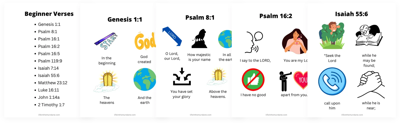 Sample pages: the beginner verse list, Genesis 1:1, Psalm 8:1, Psalm 16:2 and Isaiah 55:6