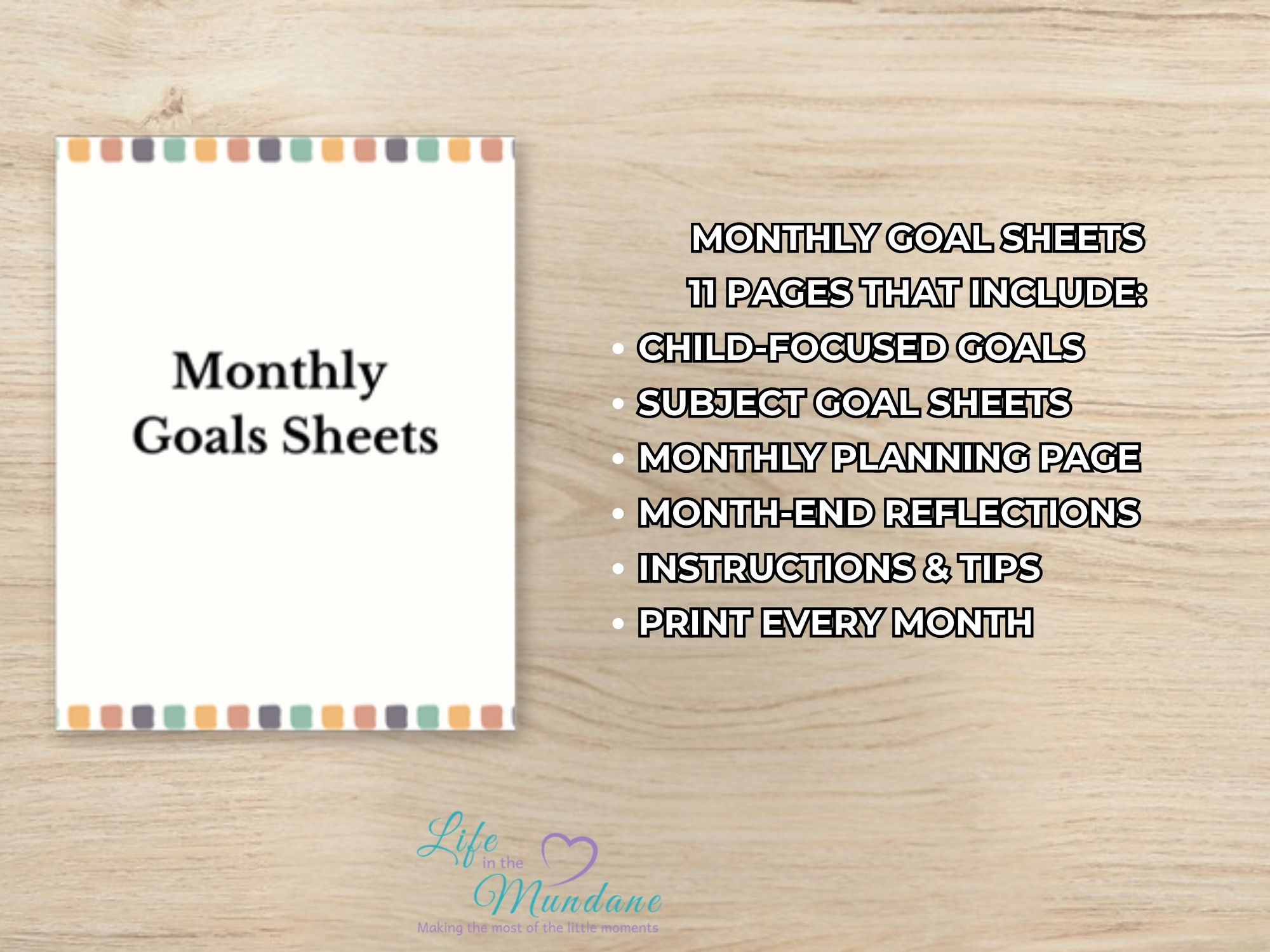 Monthly Goal Sheets printable - what's included